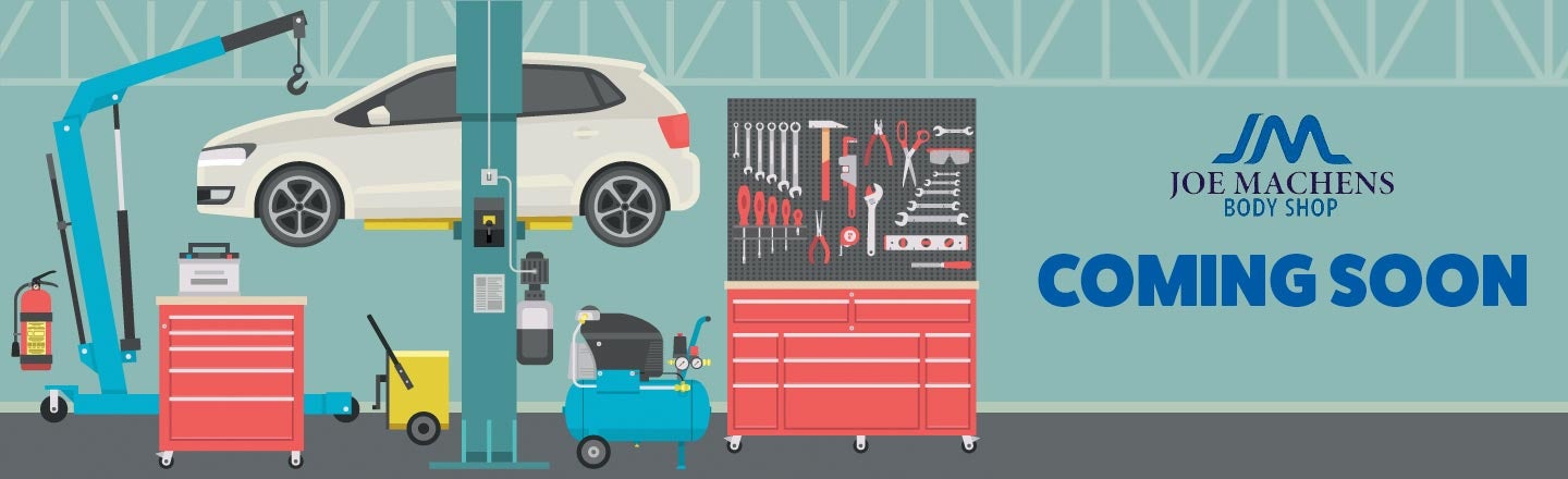 An illustration of a body shop with a car being lifted